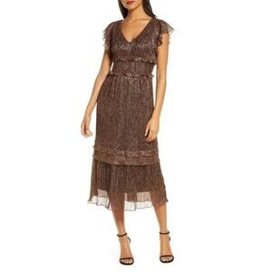 Julia Jordan Metallic Bronze Cocktail Midi Dress